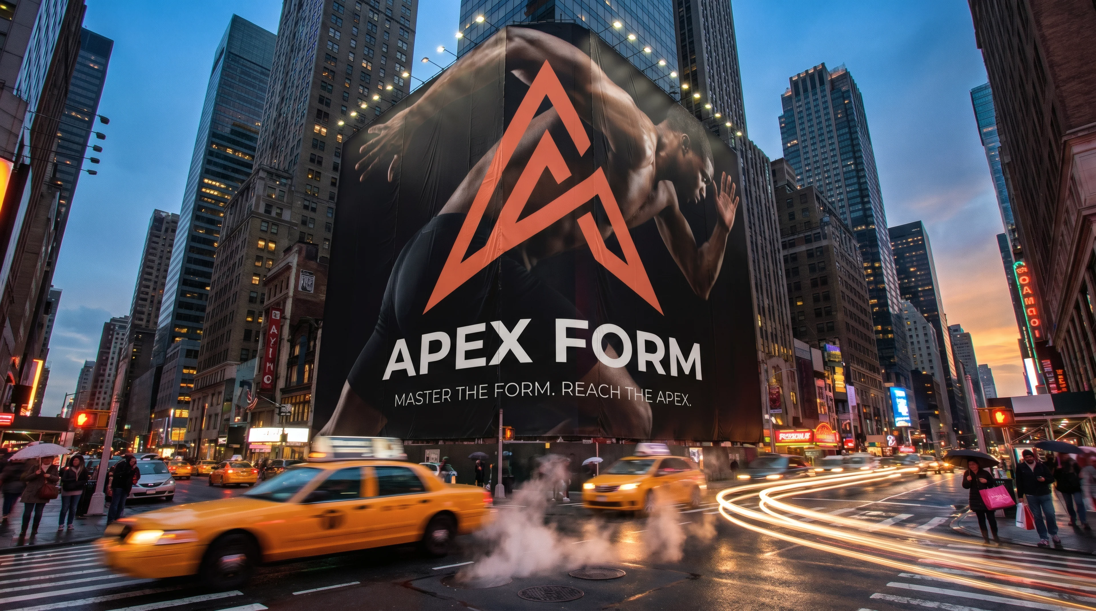 Apex Form billboard on a skyscraper in a busy city street at dusk, yellow taxis below