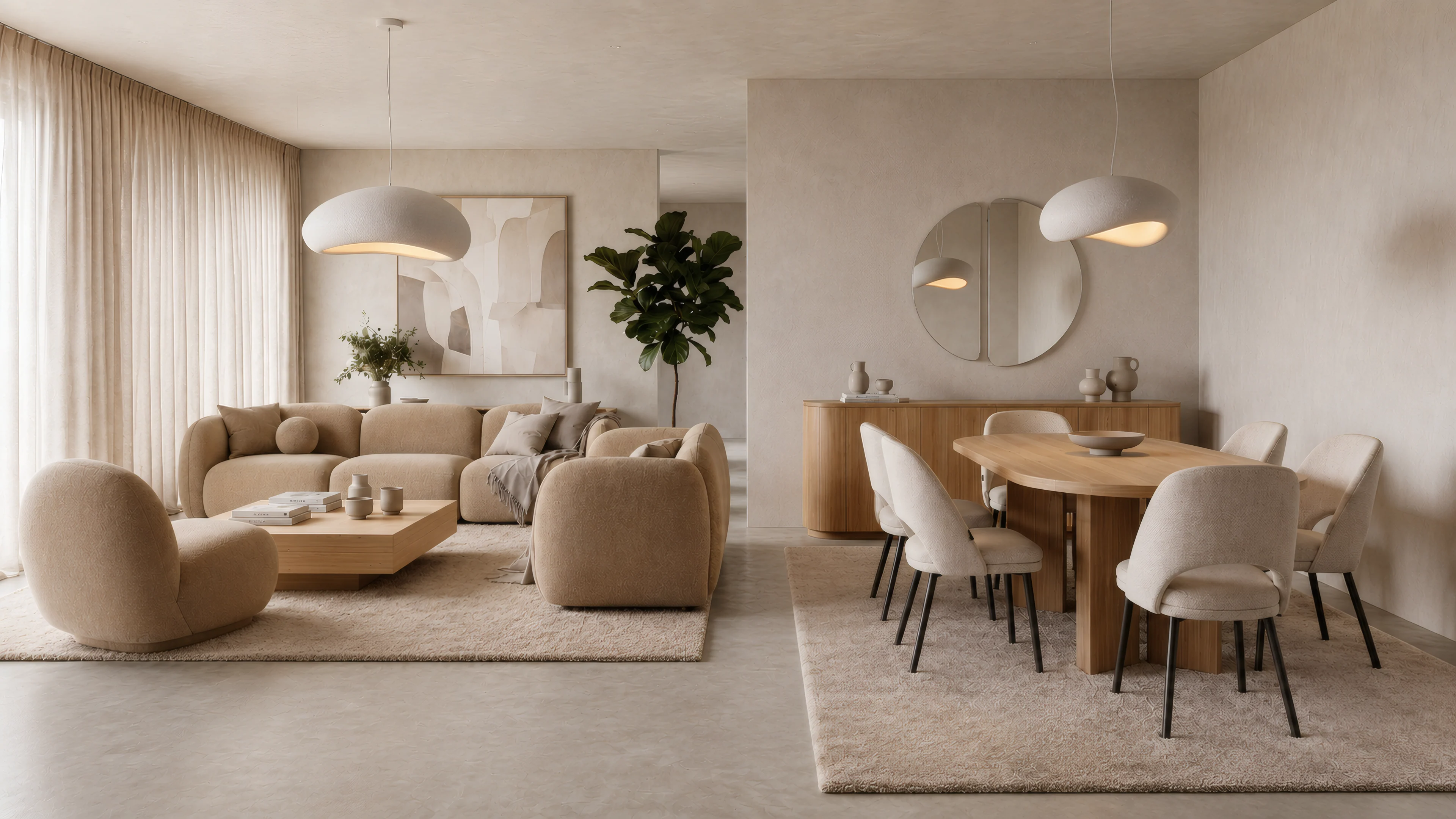 Open-plan living and dining room in warm neutral tones