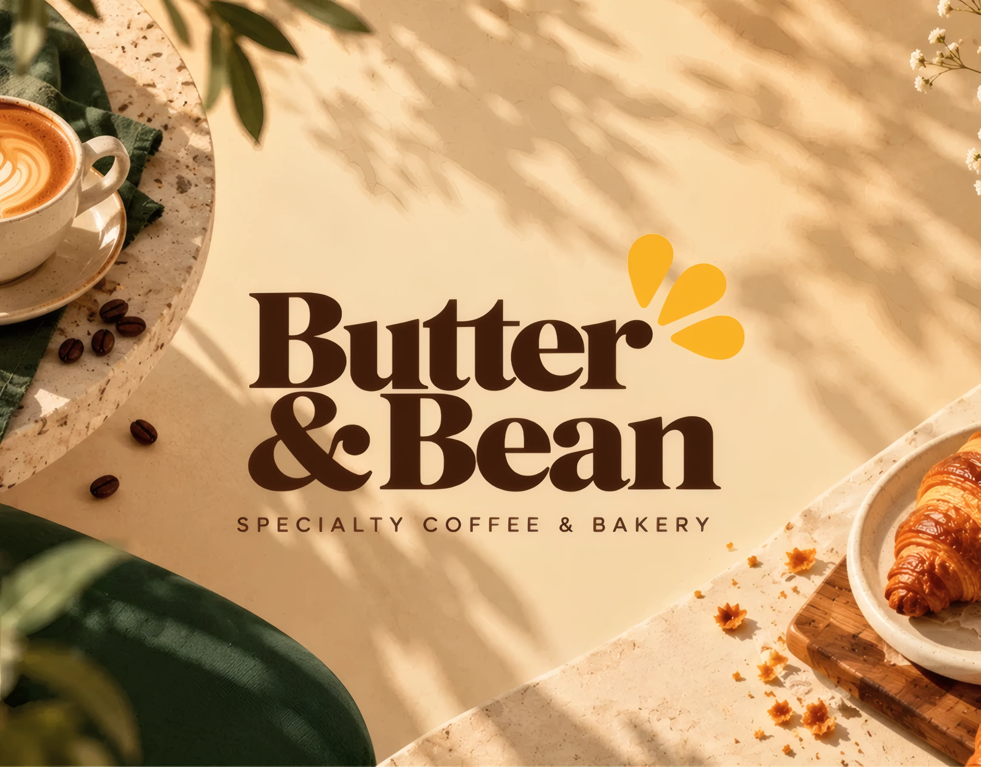 Butter & Bean logotype on a sunlit table with coffee and croissants