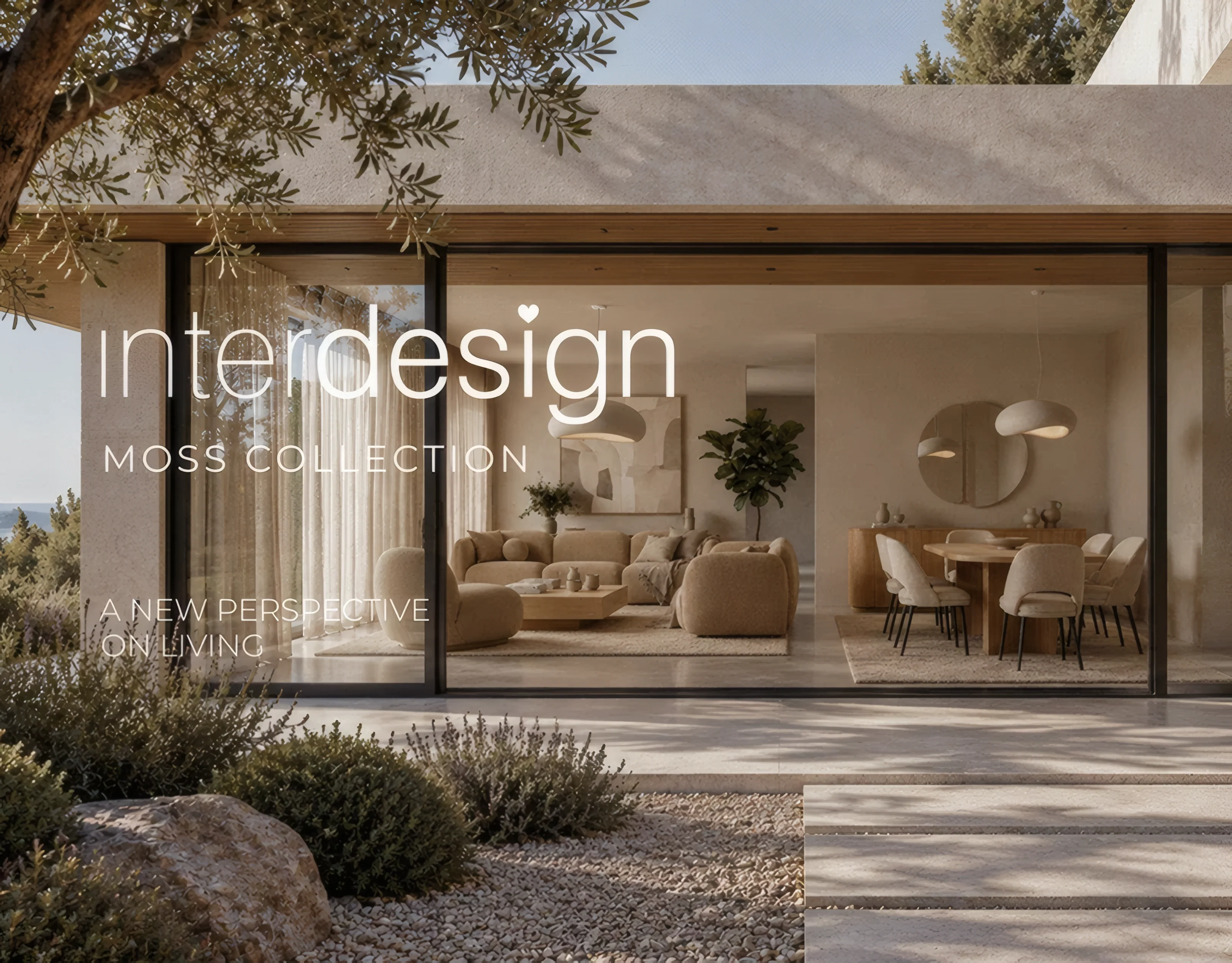 Title card: a single-storey house with glass walls and olive trees, with the Interdesign Moss Collection title